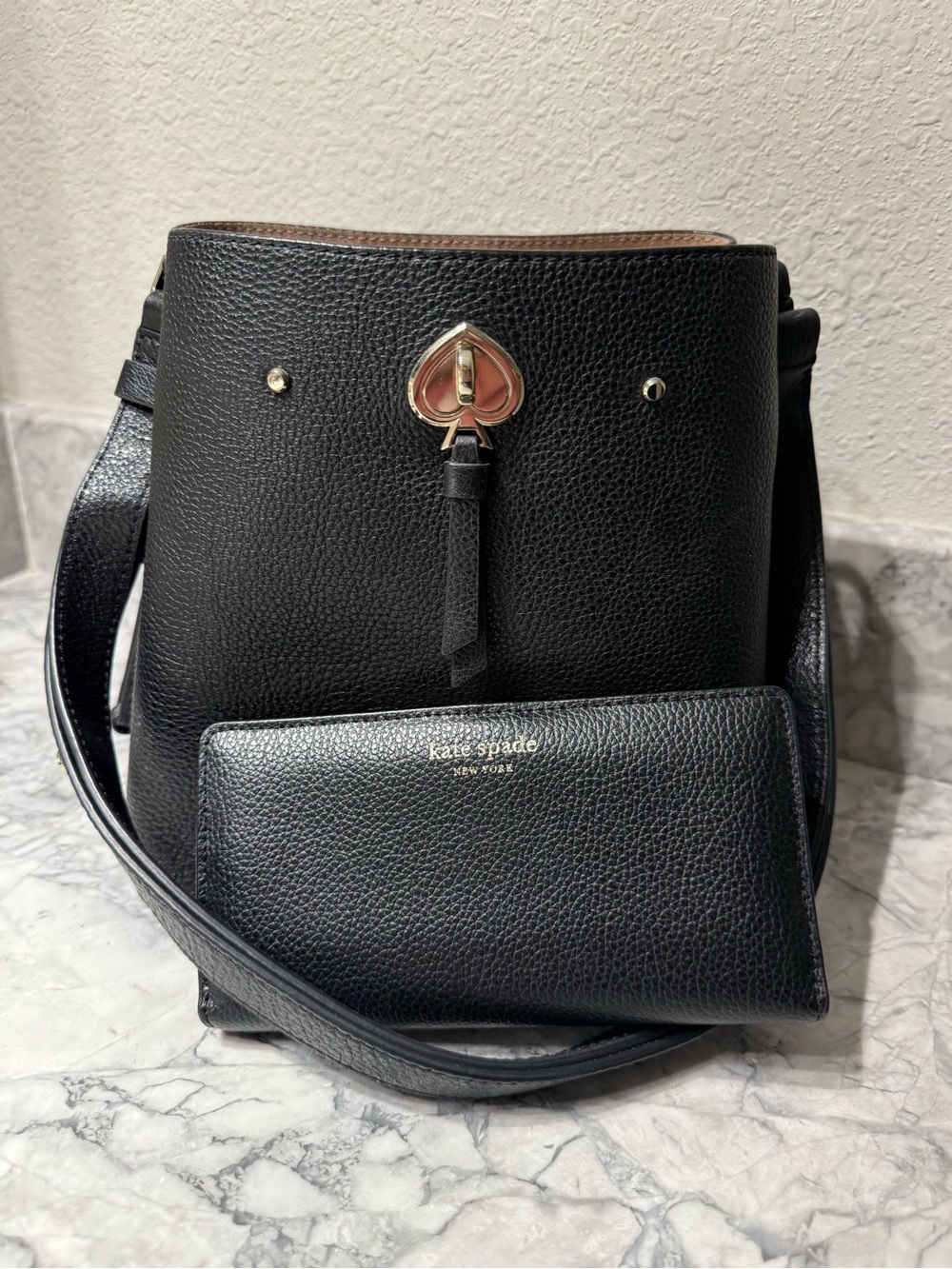 Kate Spade Marti Black Pebbled Leather Bucket Bag with Wallet